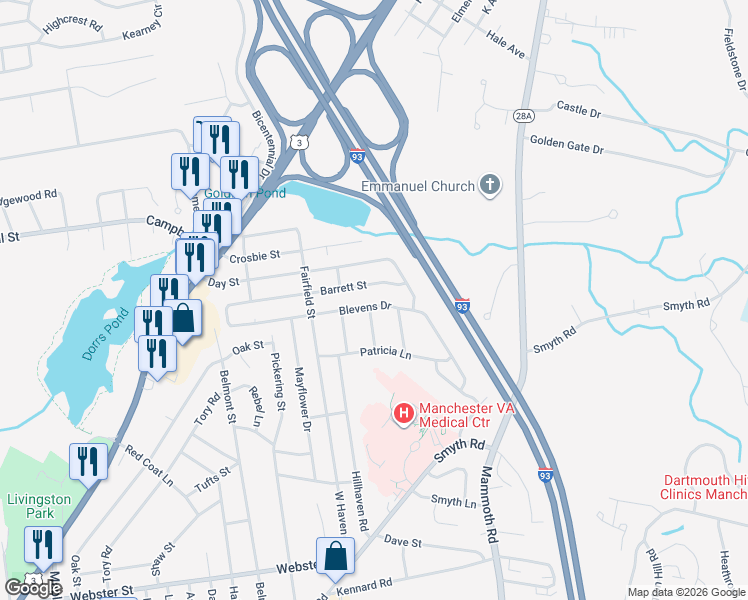 map of restaurants, bars, coffee shops, grocery stores, and more near 303 Barrett Street in Manchester