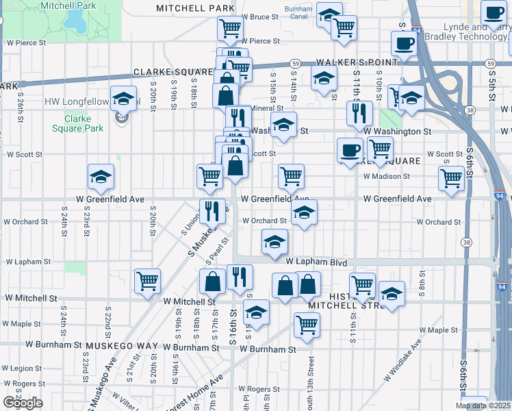 map of restaurants, bars, coffee shops, grocery stores, and more near 1529 West Greenfield Avenue in Milwaukee