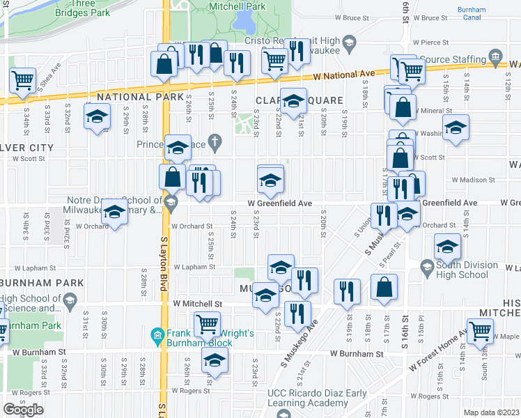 map of restaurants, bars, coffee shops, grocery stores, and more near 2235 West Greenfield Avenue in Milwaukee