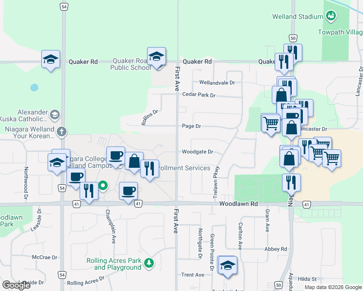 map of restaurants, bars, coffee shops, grocery stores, and more near in Welland