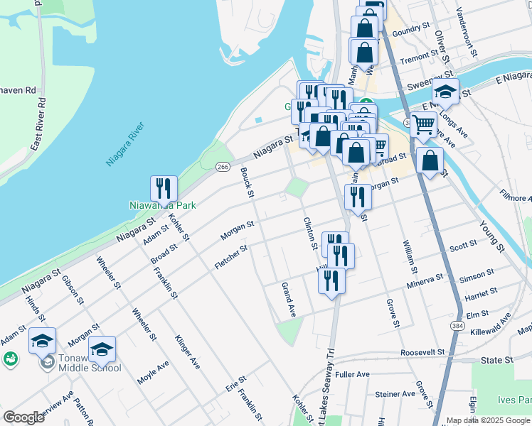 map of restaurants, bars, coffee shops, grocery stores, and more near 232 Morgan Street in Tonawanda