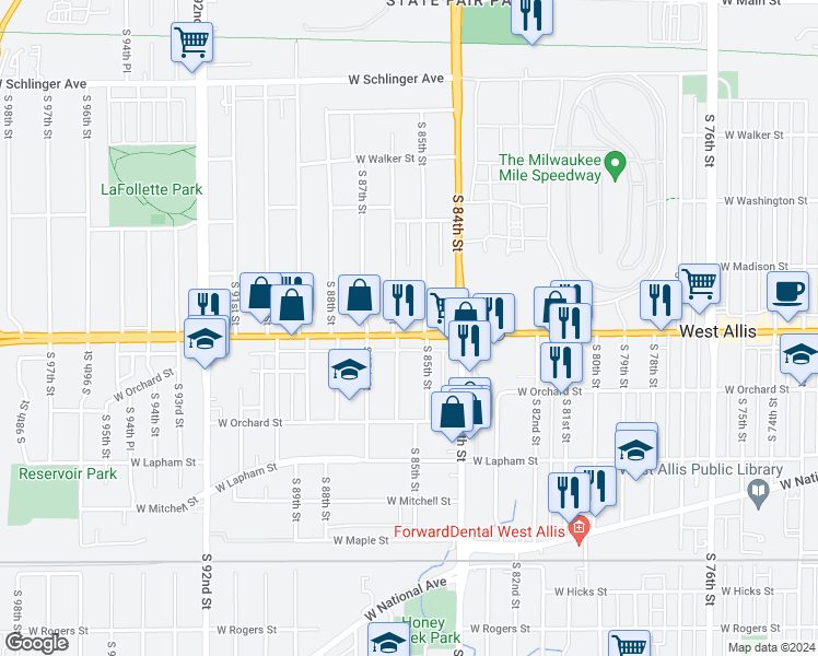 map of restaurants, bars, coffee shops, grocery stores, and more near 8516 West Greenfield Avenue in West Allis