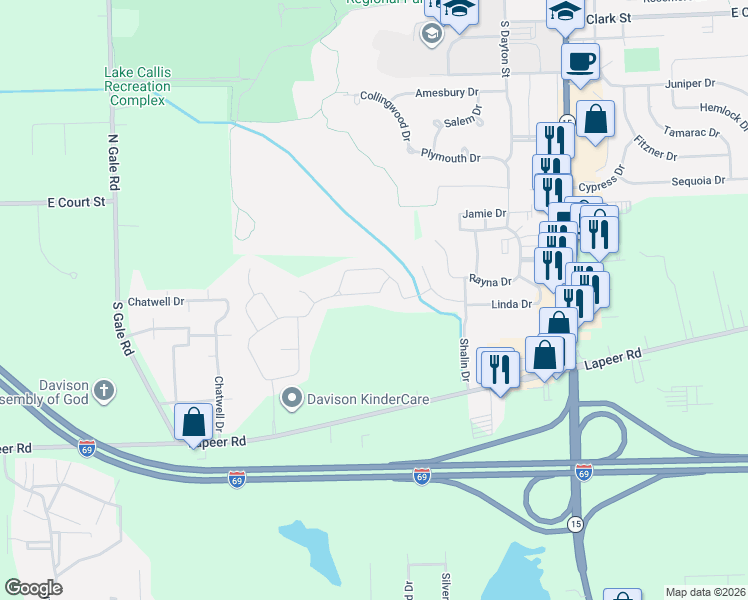 map of restaurants, bars, coffee shops, grocery stores, and more near 9332 Monica Drive in Davison