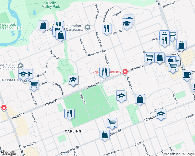map of restaurants, bars, coffee shops, grocery stores, and more near 986 Huron Street in London