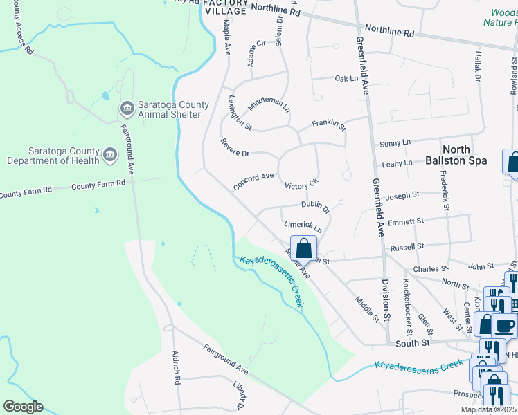 map of restaurants, bars, coffee shops, grocery stores, and more near 48 Dublin Drive in Ballston Spa