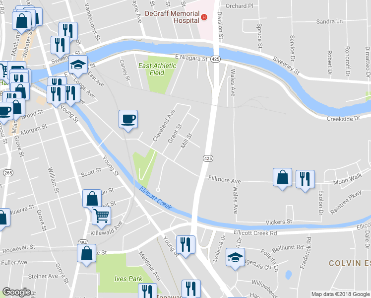map of restaurants, bars, coffee shops, grocery stores, and more near 38 Mill Street in Tonawanda