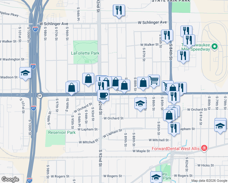 map of restaurants, bars, coffee shops, grocery stores, and more near 1362 South 90th Street in West Allis