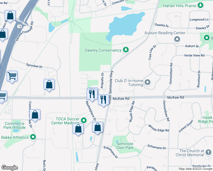 map of restaurants, bars, coffee shops, grocery stores, and more near 18 Windswept Way in Fitchburg