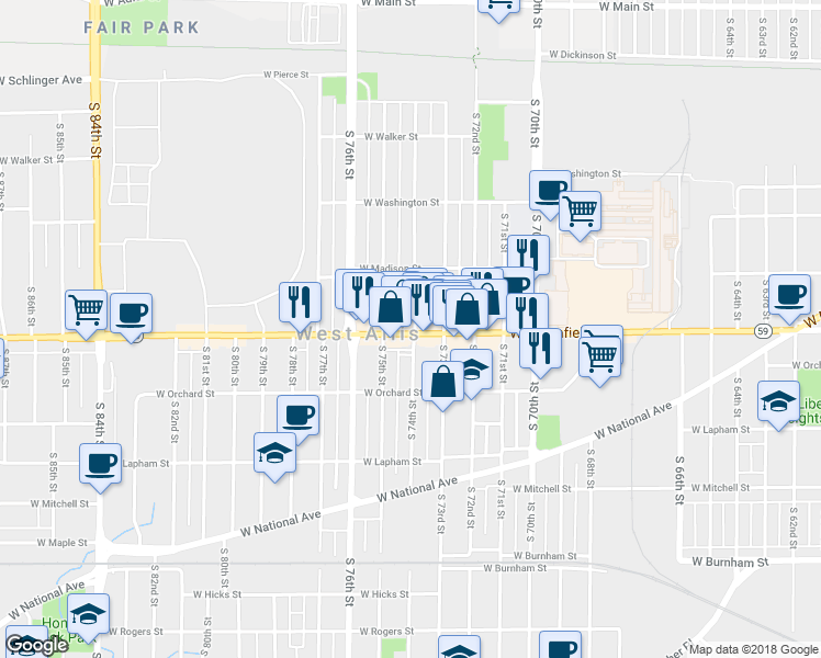 map of restaurants, bars, coffee shops, grocery stores, and more near 7400 West Greenfield Avenue in West Allis