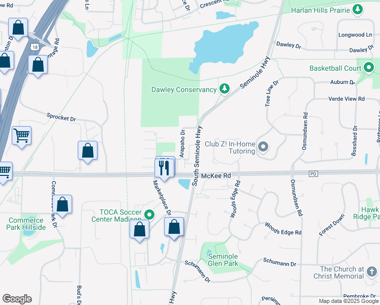 map of restaurants, bars, coffee shops, grocery stores, and more near 18 Windswept Way in Fitchburg