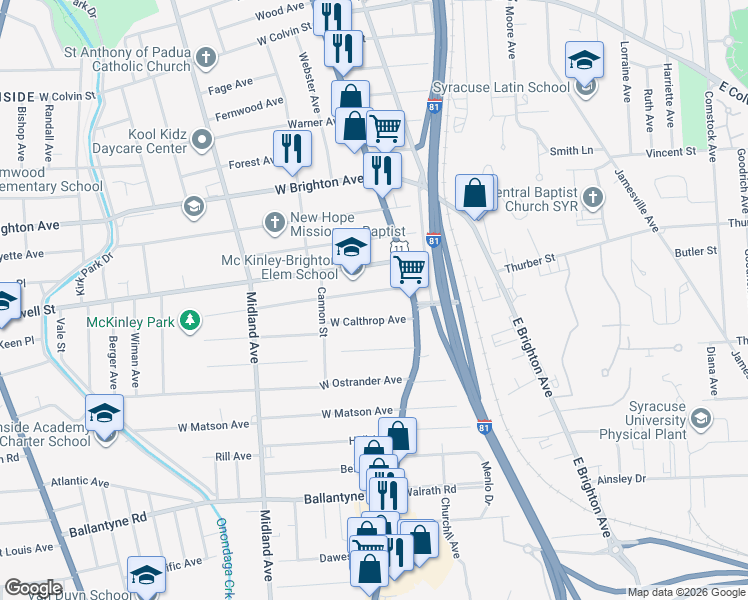 map of restaurants, bars, coffee shops, grocery stores, and more near 113 West Pleasant Avenue in Syracuse
