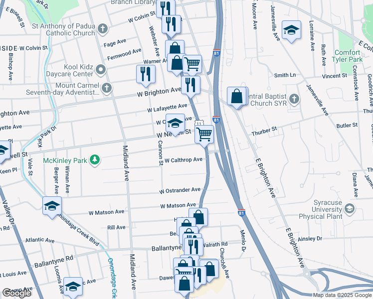 map of restaurants, bars, coffee shops, grocery stores, and more near 113 West Pleasant Avenue in Syracuse