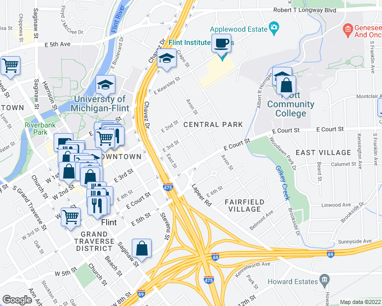 map of restaurants, bars, coffee shops, grocery stores, and more near 727 Pierson Street in Flint