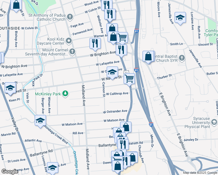 map of restaurants, bars, coffee shops, grocery stores, and more near 133 West Pleasant Avenue in Syracuse