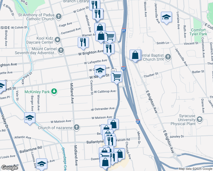 map of restaurants, bars, coffee shops, grocery stores, and more near 113 West Pleasant Avenue in Syracuse