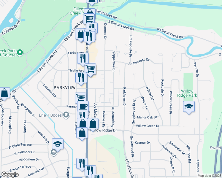 map of restaurants, bars, coffee shops, grocery stores, and more near 174 Peppertree Drive in Buffalo