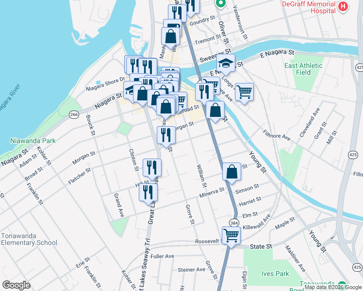 map of restaurants, bars, coffee shops, grocery stores, and more near in Tonawanda