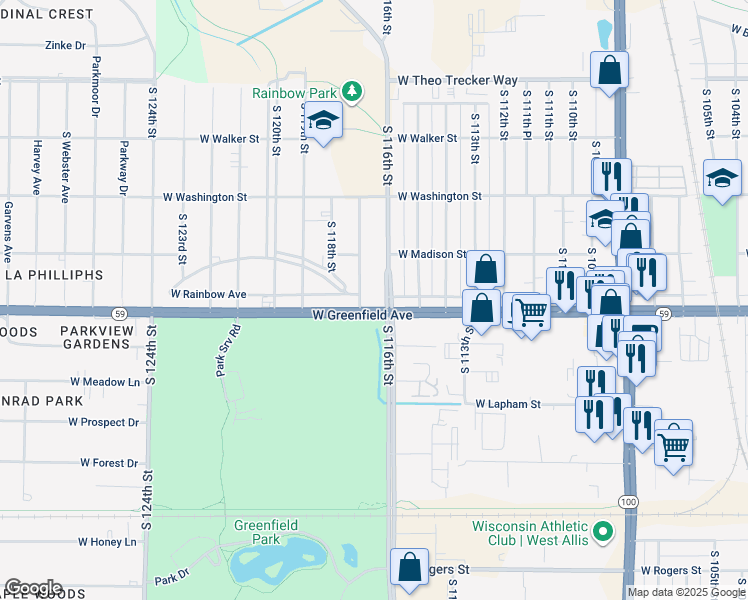 map of restaurants, bars, coffee shops, grocery stores, and more near in West Allis