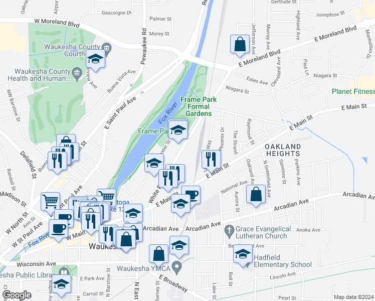 map of restaurants, bars, coffee shops, grocery stores, and more near 1165 White Rock Avenue in Waukesha