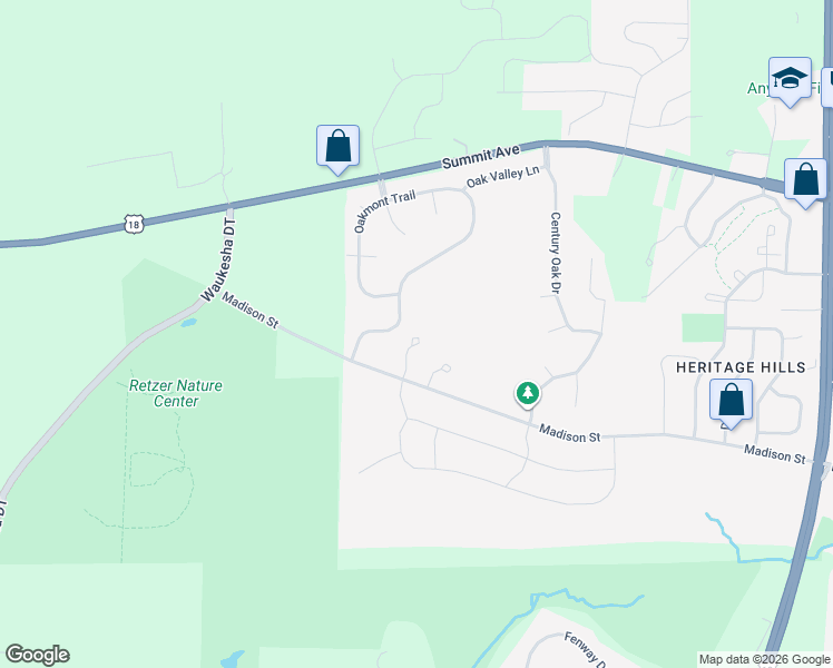 map of restaurants, bars, coffee shops, grocery stores, and more near 3819 Oakmont Trail in Waukesha