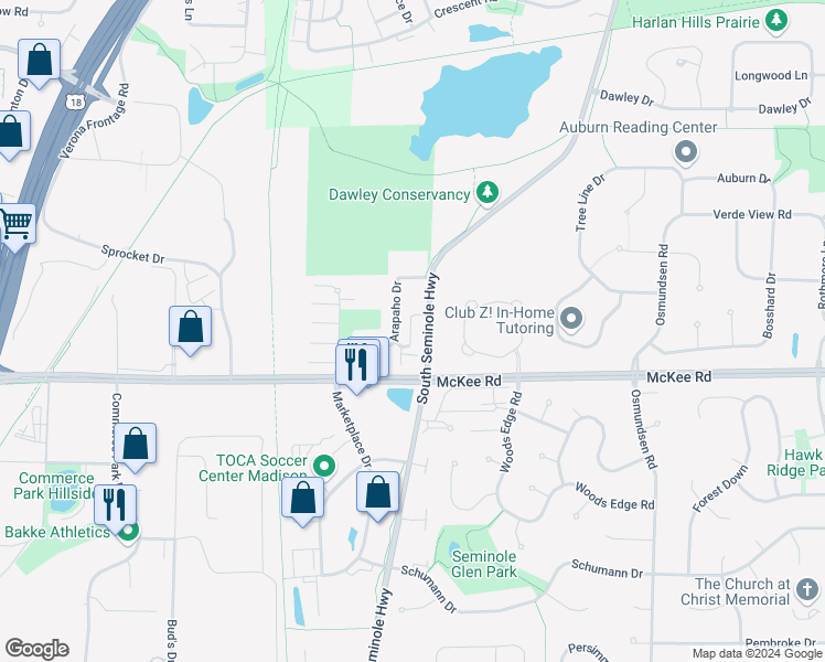 map of restaurants, bars, coffee shops, grocery stores, and more near 18 Windswept Way in Fitchburg