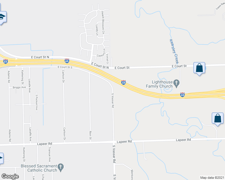 map of restaurants, bars, coffee shops, grocery stores, and more near 8201 E Court Street South in Burton