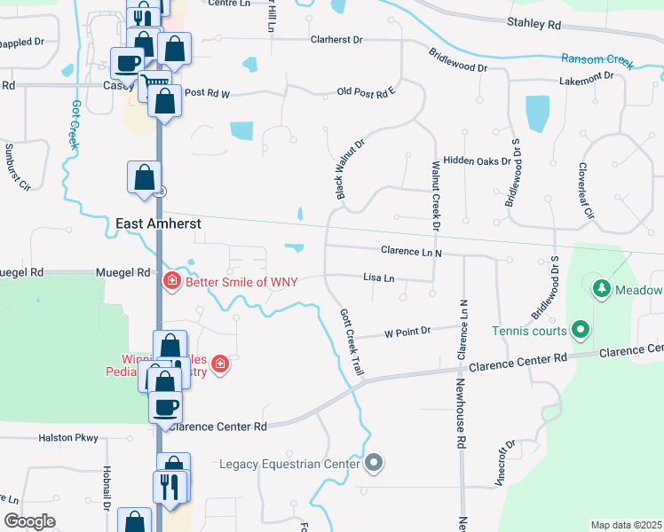 map of restaurants, bars, coffee shops, grocery stores, and more near 8190 Lisa Ln in East Amherst
