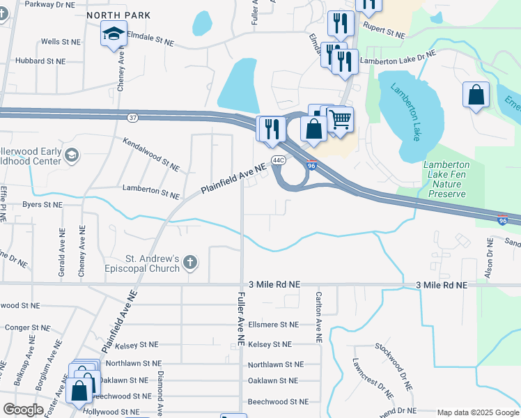 map of restaurants, bars, coffee shops, grocery stores, and more near 2942 Fuller Avenue Northeast in Grand Rapids