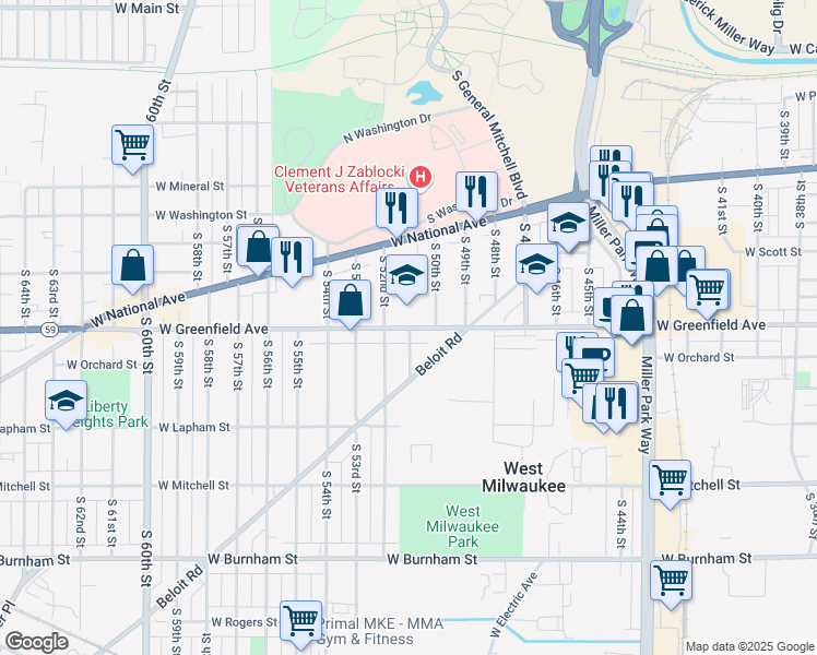 map of restaurants, bars, coffee shops, grocery stores, and more near 5104 West Greenfield Avenue in West Milwaukee