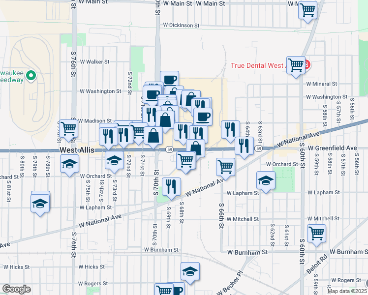 map of restaurants, bars, coffee shops, grocery stores, and more near 6900 West Greenfield Avenue in West Allis