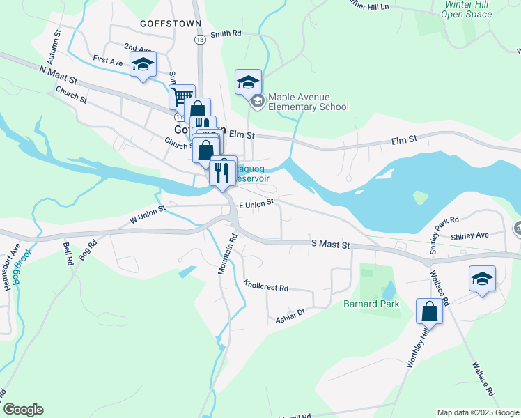 map of restaurants, bars, coffee shops, grocery stores, and more near 16 East Union Street in Goffstown