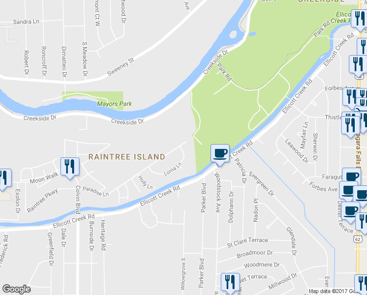 map of restaurants, bars, coffee shops, grocery stores, and more near 277 Paradise Lane in Tonawanda