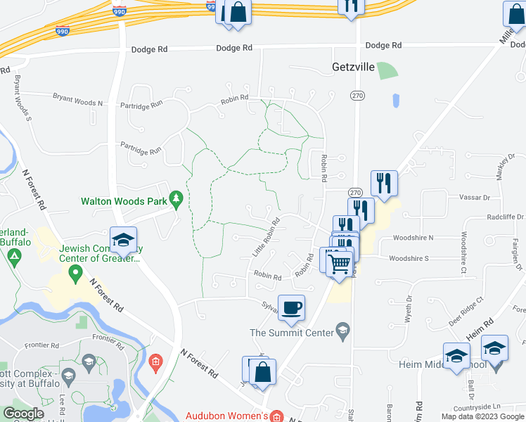 map of restaurants, bars, coffee shops, grocery stores, and more near 294 Little Robin Road in Buffalo