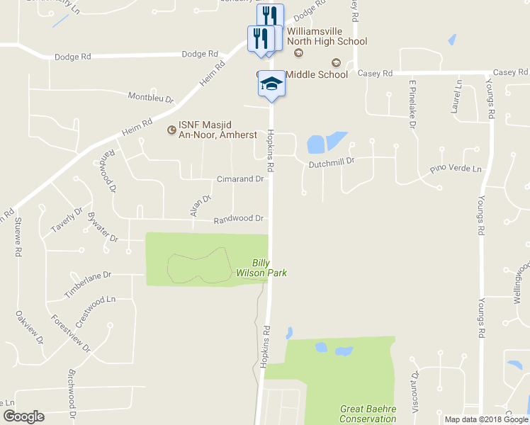 map of restaurants, bars, coffee shops, grocery stores, and more near 378 Randwood Drive in Buffalo
