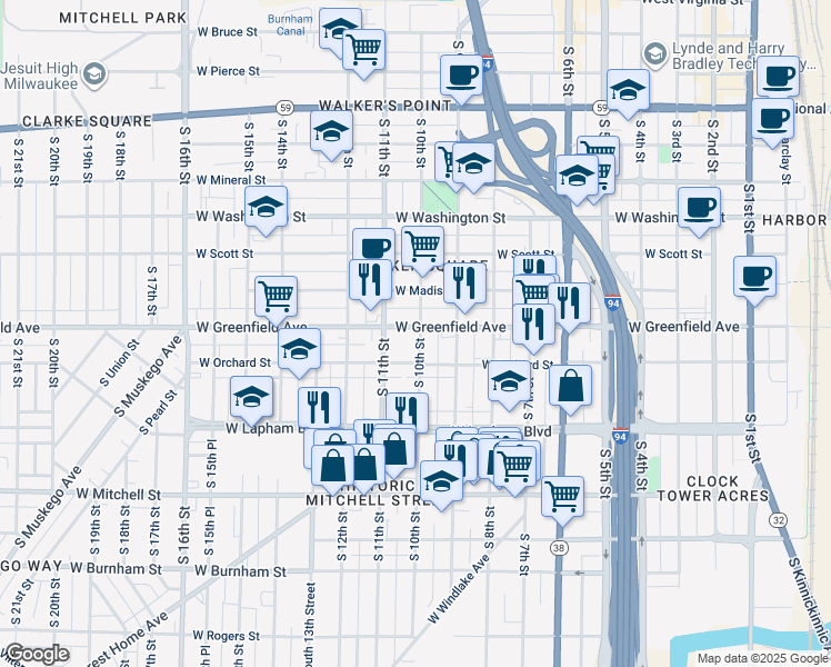 map of restaurants, bars, coffee shops, grocery stores, and more near 1001 West Greenfield Avenue in Milwaukee