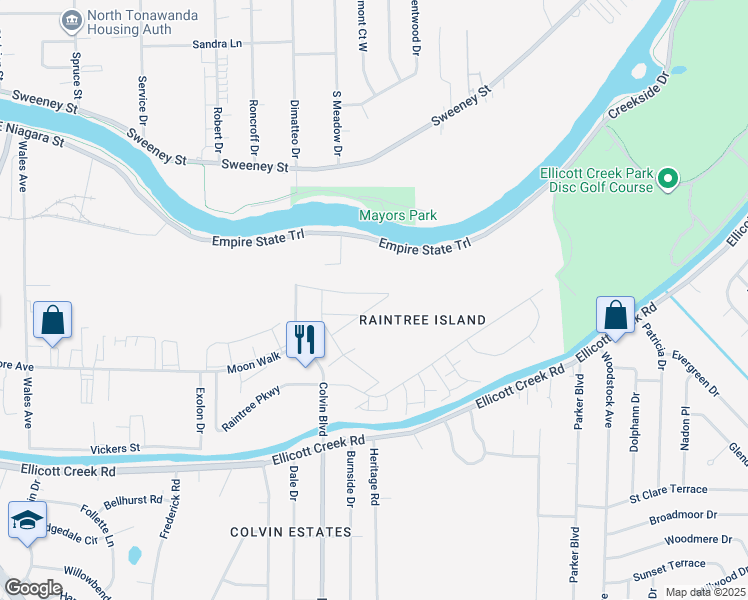 map of restaurants, bars, coffee shops, grocery stores, and more near 81 Raintree Island in Tonawanda