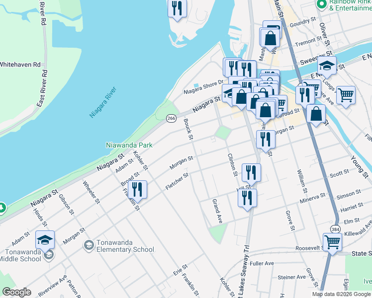 map of restaurants, bars, coffee shops, grocery stores, and more near 255 Broad Street in Tonawanda