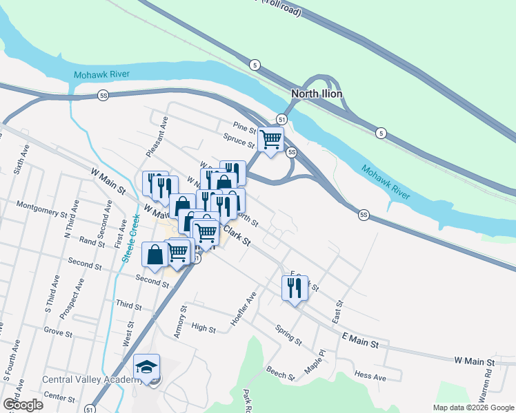 map of restaurants, bars, coffee shops, grocery stores, and more near 40 East River Street in Ilion
