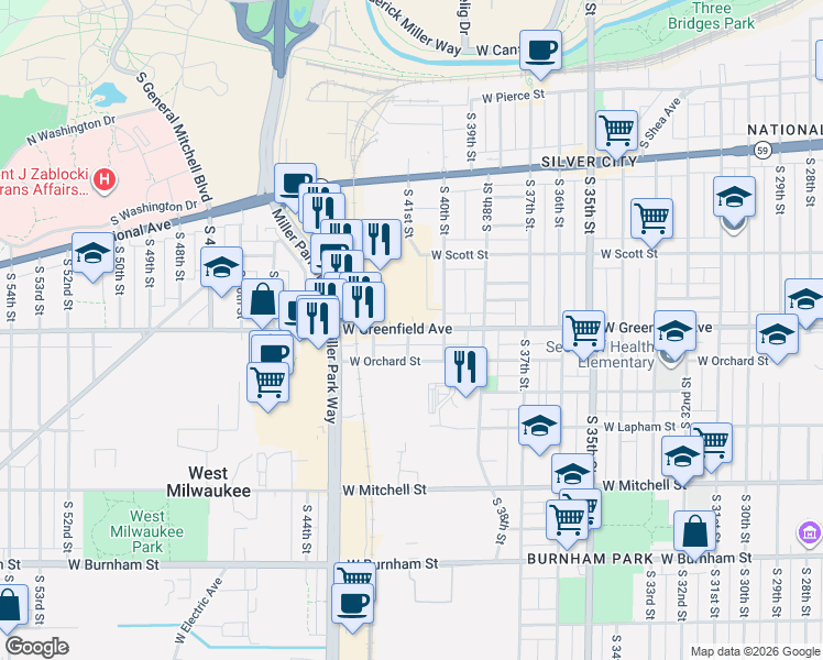 map of restaurants, bars, coffee shops, grocery stores, and more near 4085 W Greenfield Ave in West Milwaukee