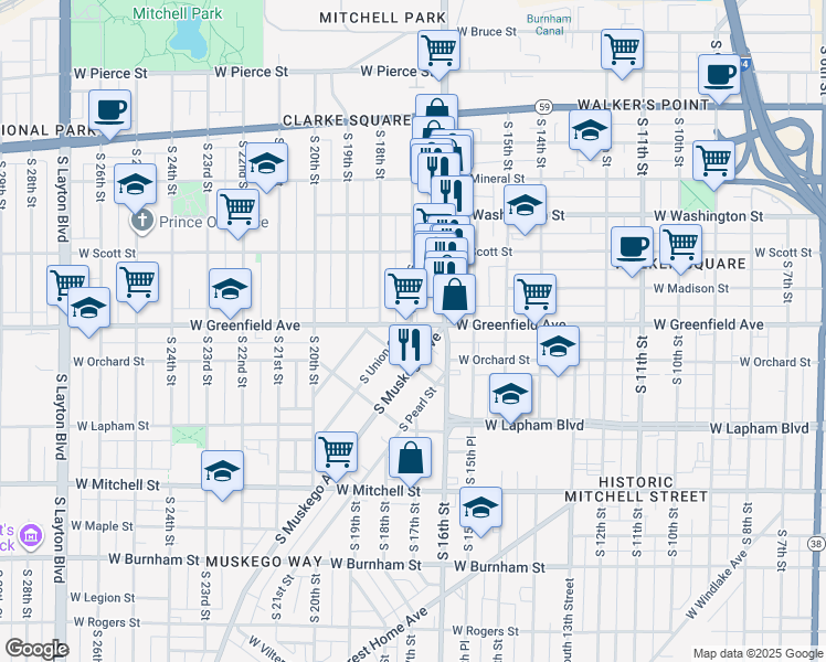 map of restaurants, bars, coffee shops, grocery stores, and more near 1645 West Greenfield Avenue in Milwaukee