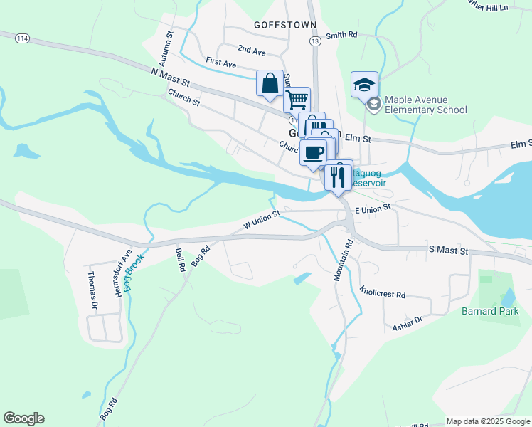 map of restaurants, bars, coffee shops, grocery stores, and more near 42 West Union Street in Goffstown
