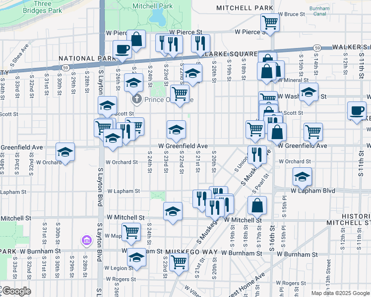 map of restaurants, bars, coffee shops, grocery stores, and more near 2137 West Greenfield Avenue in Milwaukee