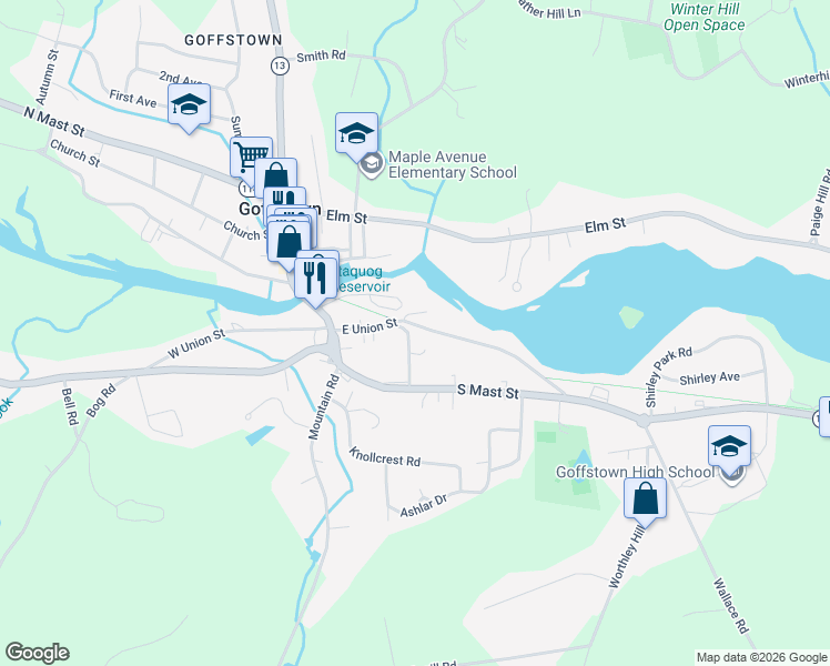 map of restaurants, bars, coffee shops, grocery stores, and more near 20 Prospect Street in Goffstown