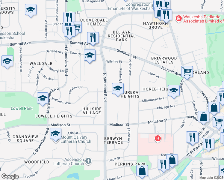 map of restaurants, bars, coffee shops, grocery stores, and more near 1226 Michigan Avenue in Waukesha