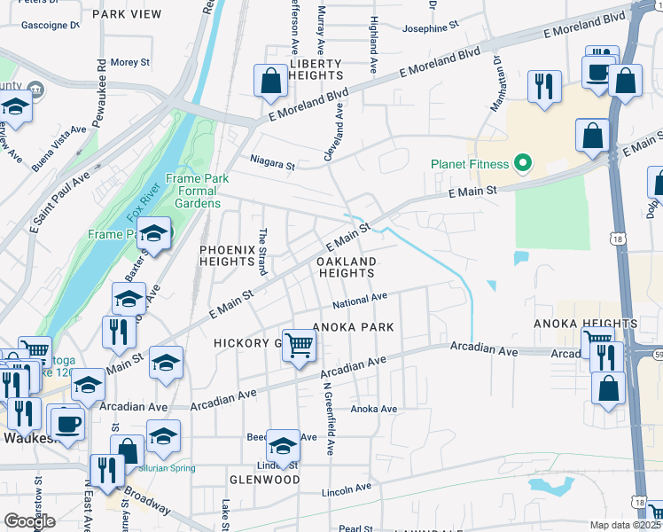 map of restaurants, bars, coffee shops, grocery stores, and more near 1036 Genesee Street in Waukesha