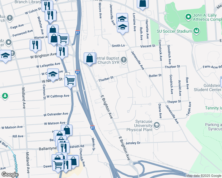 map of restaurants, bars, coffee shops, grocery stores, and more near 506 Ivy Ridge Road in Syracuse