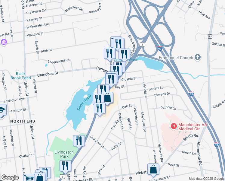 map of restaurants, bars, coffee shops, grocery stores, and more near 671 Hooksett Road in Manchester