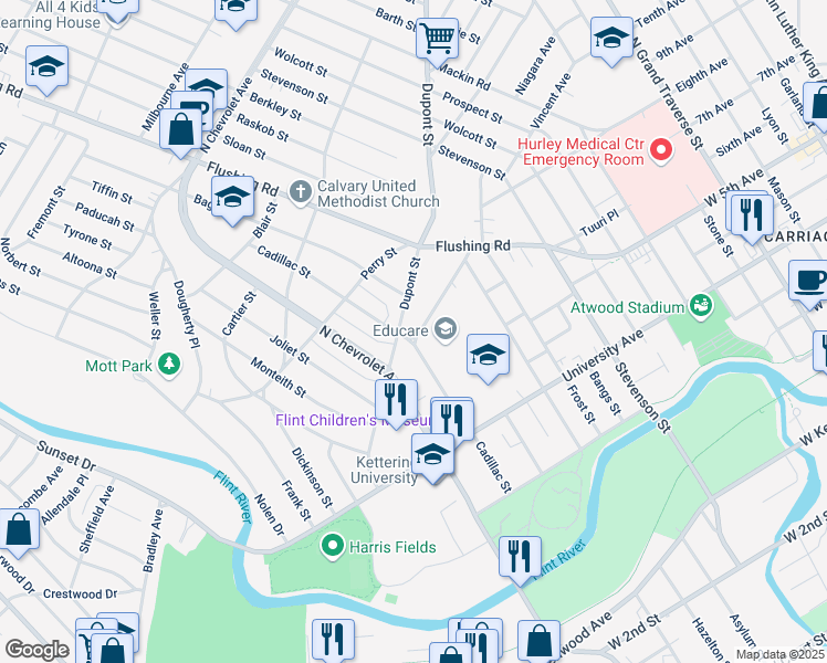 map of restaurants, bars, coffee shops, grocery stores, and more near 901 Gladwyn Street in Flint