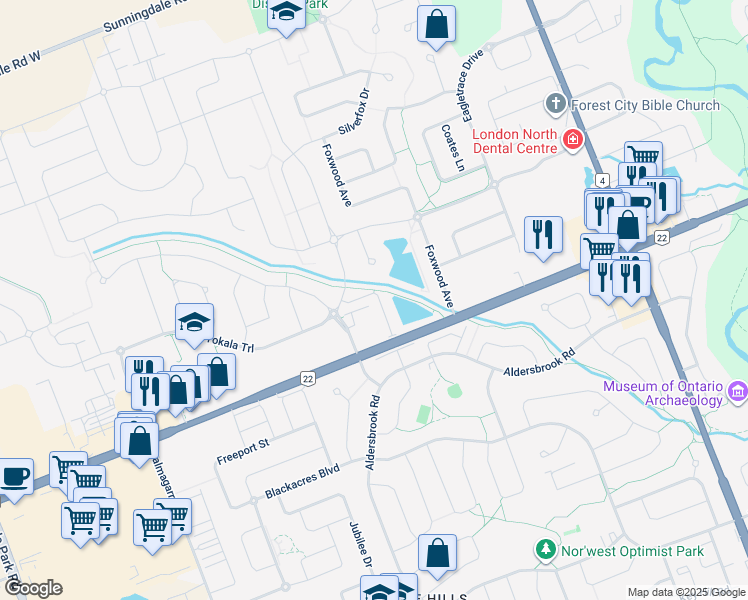 map of restaurants, bars, coffee shops, grocery stores, and more near 2491 Tokala Trail in London