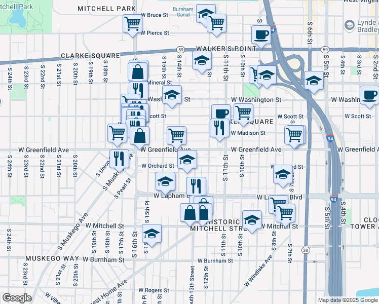 map of restaurants, bars, coffee shops, grocery stores, and more near 1315 West Greenfield Avenue in Milwaukee